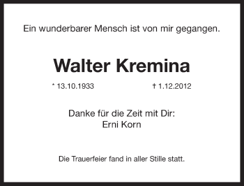 Traueranzeige von Walter Kremina von Pegnitz-Zeitung